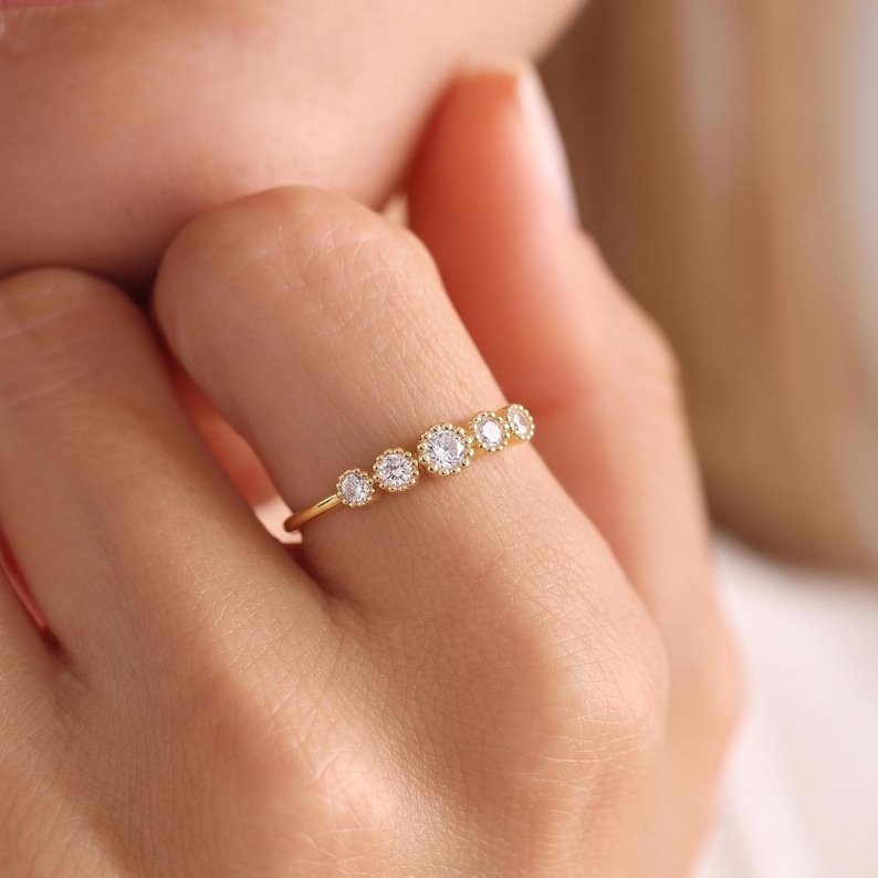 Milgrain Bezel Five Stone Ring in Solid Gold, Graduated Clear Cubic ...