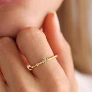 14K Solid Gold Cross Ring with Cubic Zirconia, Minimalist Religious Jewelry for Women, Dainty Gold Faith Ring, Elegant Christian Gift Idea