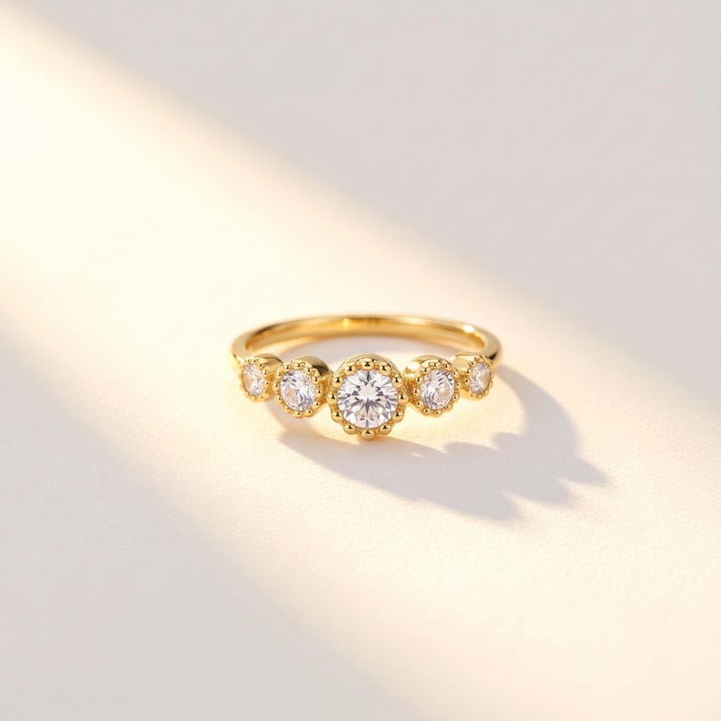 Milgrain Bezel Five Stone Ring in Solid Gold, Graduated Clear Cubic ...