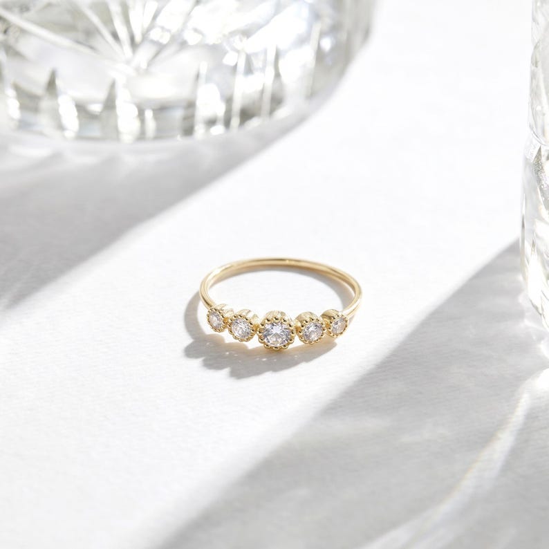 Milgrain Bezel Five Stone Ring in Solid Gold, Graduated Clear Cubic ...