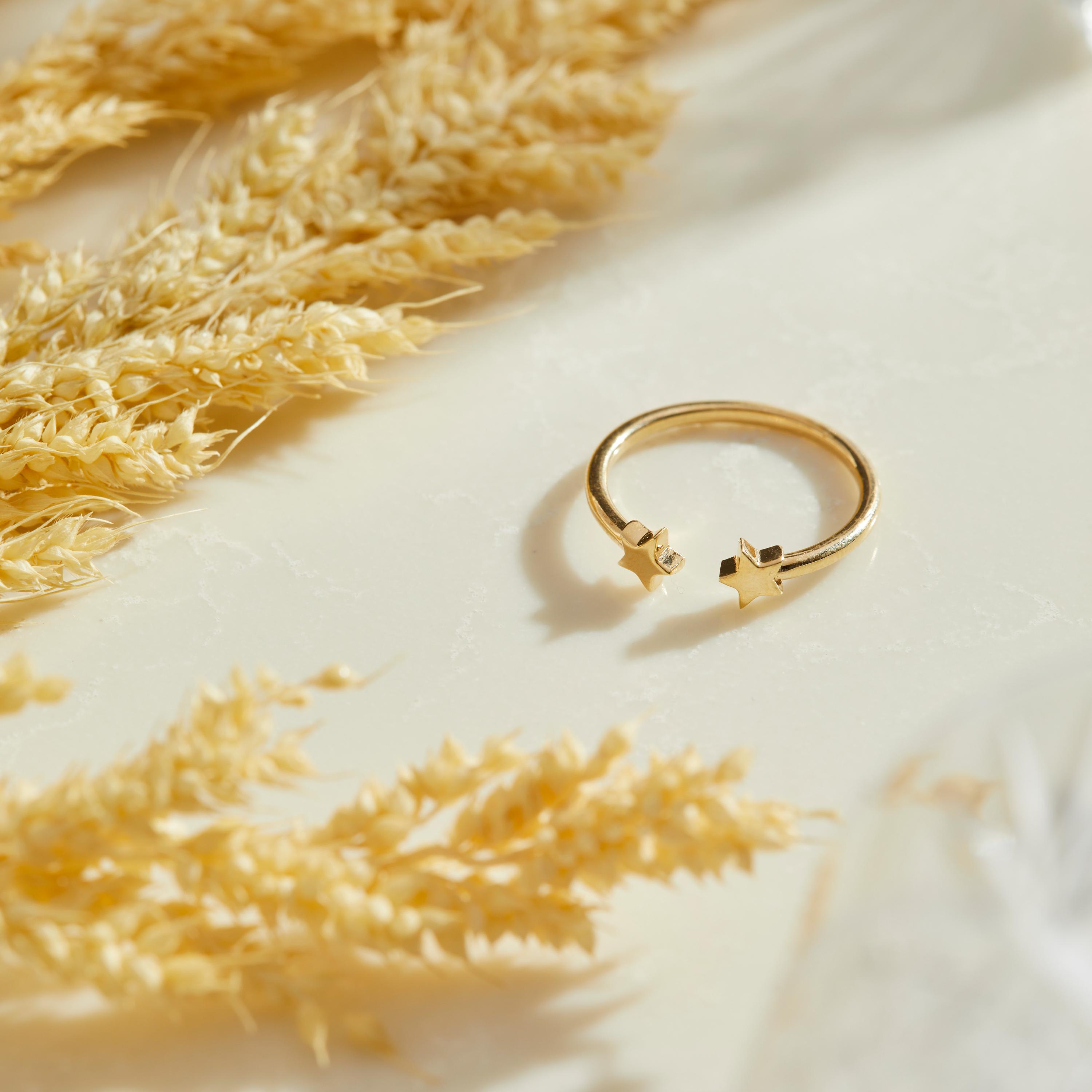 14K Solid Gold Star Ring, Open Star Ring, Astrology Curved Ring, Open Dual Star Ring, Celestial Ring Gold, Handmade Jewelry, Minimalist Ring