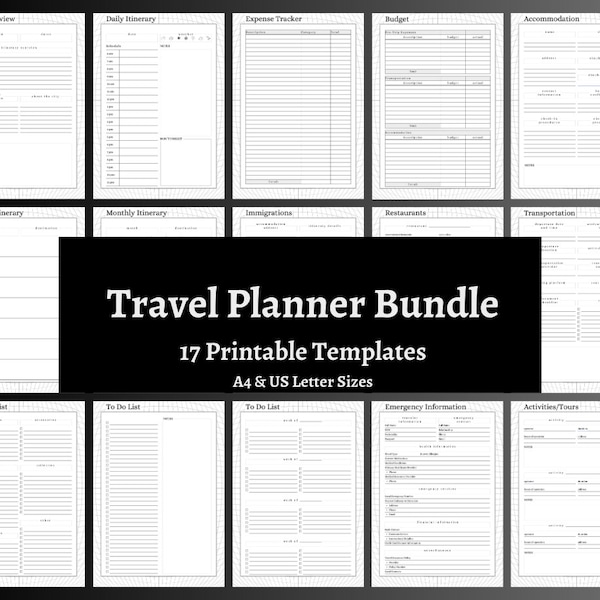 Travel Planner Bundle with Travel Itinerary, Packing List, Budget, To Do List, Research Pages, and more - Black & White