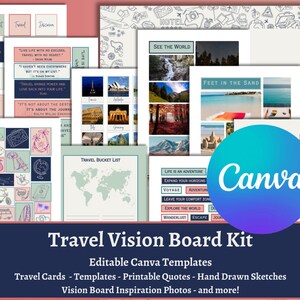 Tableau Travel Vision avec des citations de voyage, des modèles de seaux, des photos d'inspiration, des modèles de cartes et plus encore - Modèle Canva modifiable