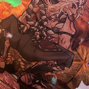 May include: A character with white hair and a red horn is wearing a black and white striped shirt and black pants. The character is standing on a platform with a brown and orange background.