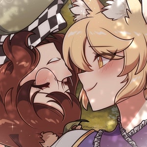 May include: A 7x5 inch art print featuring two anime-style characters in a tender embrace. One character has brown hair and a checkered hat, the other has blonde hair and fox-like ears. The print has a soft, warm color palette.