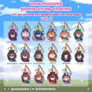 May include: A collection of 1.5-inch double-sided acrylic phone strap charms featuring various anime-style characters. Each charm has beveled edges and a gold-colored clasp. The text "Uma Musume Phone Strap Charms Vol. 3" is displayed at the top.