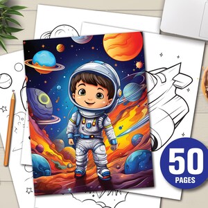K&ouml;nnte beinhalten: Ein Kinder-Malbuch mit einem Astronauten im Weltraum, Planeten und einer Rakete. Das Cover zeigt einen l&auml;chelnden Astronauten in einem Raumanzug. Enth&auml;lt 50 Seiten zum Ausmalen.