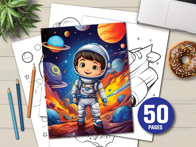 K&ouml;nnte beinhalten: Ein Kinder-Malbuch mit einem Astronauten im Weltraum, Planeten und einer Rakete. Das Cover zeigt einen l&auml;chelnden Astronauten in einem Raumanzug. Enth&auml;lt 50 Seiten zum Ausmalen.