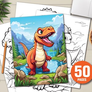 K&ouml;nnte beinhalten: Ein Malbuch mit Dinosaurier-Motiven und einer leuchtend orangefarbenen Dinosaurier-Illustration auf dem Cover. Das Cover zeigt einen Cartoon-Dinosaurier in einer Landschaft mit See und Bergen. Das Buch enth&auml;lt 50 Seiten zum Ausmalen.