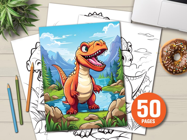 K&ouml;nnte beinhalten: Ein Malbuch mit Dinosaurier-Motiven und einer leuchtend orangefarbenen Dinosaurier-Illustration auf dem Cover. Das Cover zeigt einen Cartoon-Dinosaurier in einer Landschaft mit See und Bergen. Das Buch enth&auml;lt 50 Seiten zum Ausmalen.