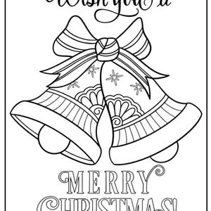 K&ouml;nnte beinhalten: Schwarz-Wei&szlig;-Illustration von zwei Weihnachtsglocken mit einer Schleife. Der Text "Wish you a" steht &uuml;ber den Glocken und "MERRY CHRISTMAS!" darunter.
