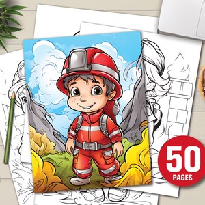 K&ouml;nnte beinhalten: Eine farbenfrohe Illustration eines Cartoon-Feuerwehrmanns in roter Uniform und Helm, vor einem Feuer stehend. Das Bild ist Teil eines Malbuchs, mit dem Text "50 PAGES" auf einem roten Kreis.