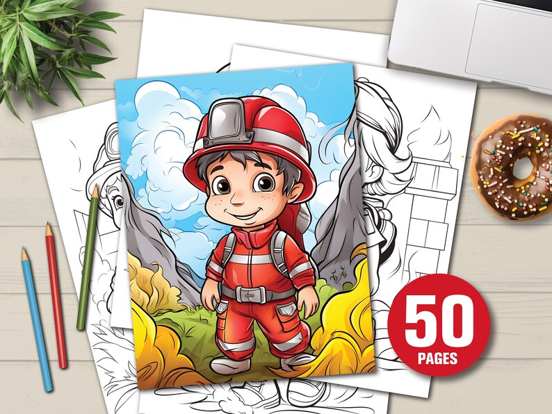 K&ouml;nnte beinhalten: Eine farbenfrohe Illustration eines Cartoon-Feuerwehrmanns in roter Uniform und Helm, vor einem Feuer stehend. Das Bild ist Teil eines Malbuchs, mit dem Text "50 PAGES" auf einem roten Kreis.