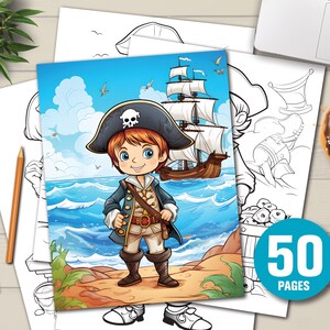 K&ouml;nnte beinhalten: Bunte Illustration eines jungen Piraten an einem Strand, mit einem Schiff im Hintergrund. Das Bild ist Teil eines Malbuchs, mit dem Text "50 PAGES" in einem blauen Kreis. Stifte und ein Donut sind ebenfalls zu sehen.