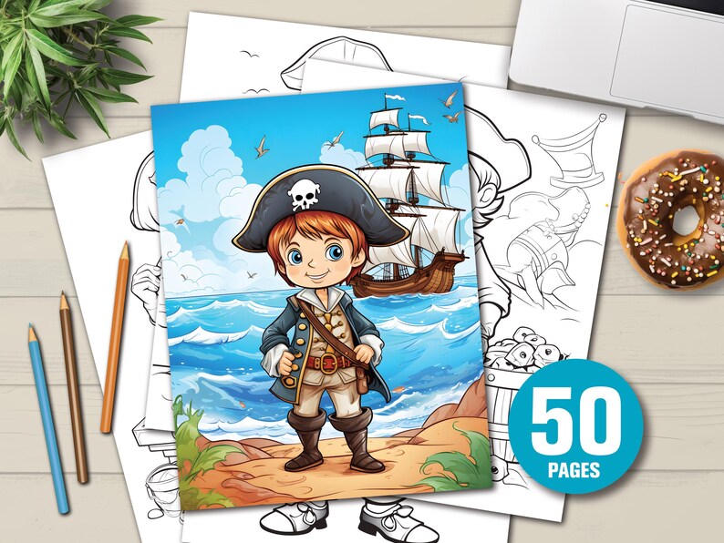 K&ouml;nnte beinhalten: Bunte Illustration eines jungen Piraten an einem Strand, mit einem Schiff im Hintergrund. Das Bild ist Teil eines Malbuchs, mit dem Text "50 PAGES" in einem blauen Kreis. Stifte und ein Donut sind ebenfalls zu sehen.