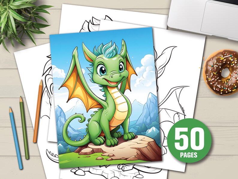 K&ouml;nnte beinhalten: Ein Malbuch f&uuml;r Kinder mit einem Cartoon-Drachen in Gr&uuml;n mit blauen Haaren und orangefarbenen Fl&uuml;geln. Der Drache sitzt auf einem Felsen mit einem Berg-Hintergrund und blauem Himmel. Das Buch hat 50 Seiten.