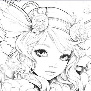 K&ouml;nnte beinhalten: Detaillierte Schwarz-Wei&szlig;-Illustration einer Fee mit gro&szlig;en Augen und flie&szlig;endem Haar. Die Fee tr&auml;gt ein Kopfst&uuml;ck mit einer Uhr und floralen Akzenten. Das Bild ist eine Malvorlage mit komplizierten Details und einem skurrilen Design.