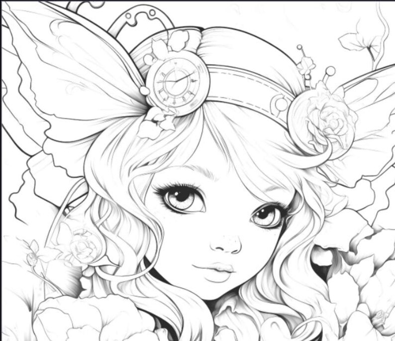K&ouml;nnte beinhalten: Detaillierte Schwarz-Wei&szlig;-Illustration einer Fee mit gro&szlig;en Augen und flie&szlig;endem Haar. Die Fee tr&auml;gt ein Kopfst&uuml;ck mit einer Uhr und floralen Akzenten. Das Bild ist eine Malvorlage mit komplizierten Details und einem skurrilen Design.