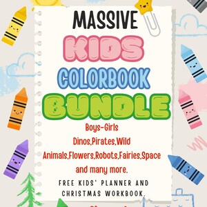 K&ouml;nnte beinhalten: Buntes Bild, das ein Kinder-Malbuch-Bundle bewirbt. Der Text lautet "MASSIVE KIDS COLORBOOK BUNDLE" mit Themen wie Dinosaurier, Piraten und Feen. Buntstifte und andere spielerische Elemente umgeben den Haupttext.