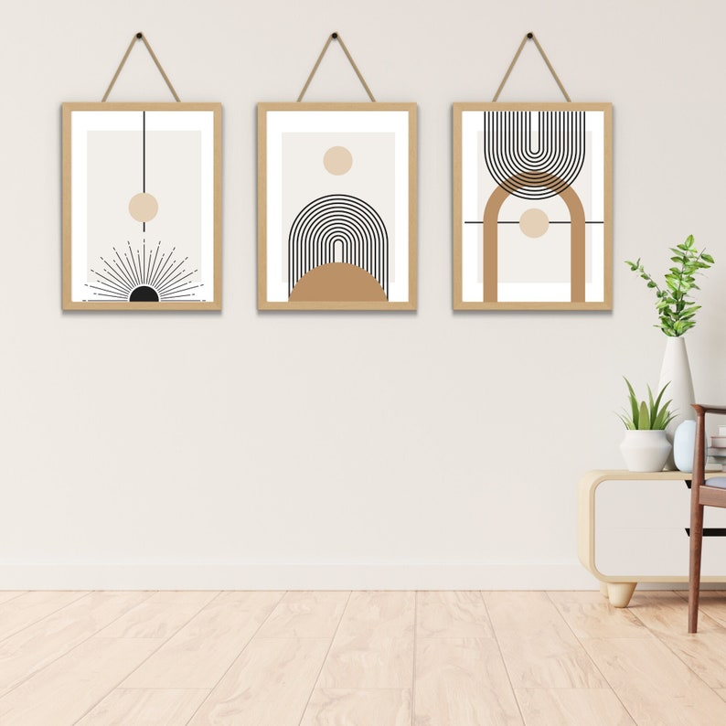 Set of 3 Abstract Wall Art Prints | Modern Geometric Boho Mid-century ...