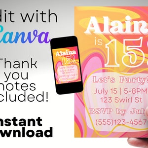 Pink and Orange Swirl Birthday Invitation Trendy Marble Teen Girl Invite