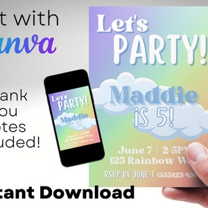 Rainbow Cloud Birthday Invitation Girl Birthday Party Invite