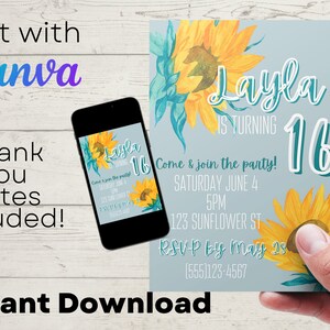 Sunflower Birthday Invitation Girls Party Summer Sunflower Invite