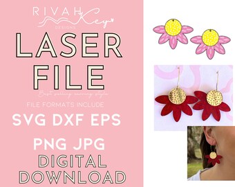 May include: Digital download of laser cut file for earrings. The earrings are red with gold accents and pink with yellow accents. The file formats included are SVG, DXF, EPS, PNG, and JPG.