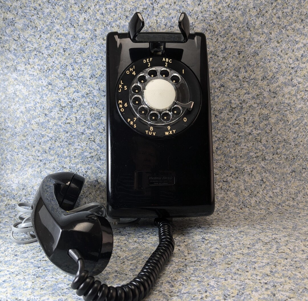 Working Black Vintage Landline Wall Phone Rotary Dial Retro MCM Kitchen ...