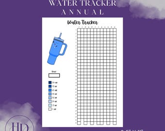 Puede incluir: Un gráfico anual de seguimiento de agua en PDF imprimible con una ilustración de una botella de agua azul. El gráfico incluye una cuadrícula para rastrear la ingesta de agua, con medidas en mililitros. El documento mide 21,6 cm x 27,9 cm.