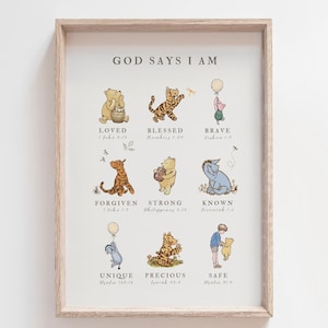 Classic Winnie The Pooh Wall Art, God Says I AM Biblical Affirmations, Christian Nursery Decor, Inspirational Scripture Print, Kid's Room