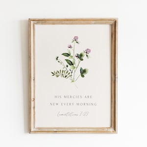 Floral Christian Wall Art, His Mercies Are New, Lamentations 3:23, Modern Scripture Print, Vintage Bible Verse Decor, Religious Gift For Her