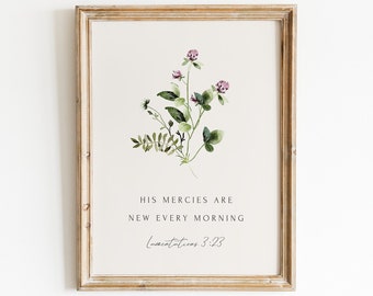 Floral Christian Wall Art, His Mercies Are New, Lamentations 3:23, Modern Scripture Print, Vintage Bible Verse Decor, Religious Gift For Her