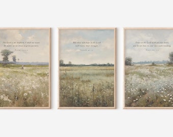 Christian Wall Art Set, Wildflower Bible Verse Prints, Vintage Scripture Floral Art, Psalm 23, Isaiah 40, Proverbs 3, Religious Home Decor