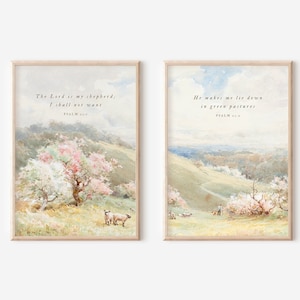 Christlicher Wandkunst-Satz von 2, Psalm 23, ermutigender Bibelversdruck, Der Herr ist mein Hirte, Vintage Schriftplakat, Ostern Wohndekor