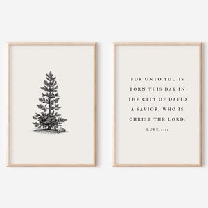 Christmas Christian Wall Art Set of 2, Luke 2:11, Minimal Bible Verse Poster Bundle, Vintage Tree Scripture Print, Festive Holiday Decor