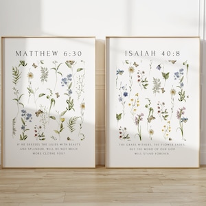 Christian Wall Art Set of 2, Floral Pattern, Isaiah 40, Matthew 6:30, Wildflower Bible Verse Print, Modern Scripture Nursery, Holiday Gift