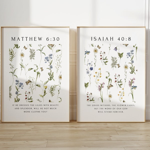 Christian Wall Art Set of 2, Floral Pattern, Isaiah 40, Matthew 6:30, Wildflower Bible Verse Print, Modern Scripture Nursery, Holiday Gift