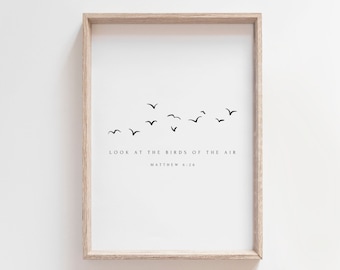 Observe os pássaros, Mateus 6:26, Arte de parede cristã sutil, Arte de parede moderna com versículo bíblico, Impressão minimalista das Escrituras, Esboço bíblico, Presente de batismo