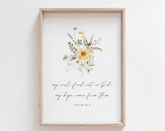 Floral Christian Wall Art, Find Rest in God, Psalm 62:5, Modern Scripture Decor, Minimal Bible Verse Printed Poster, Faith Gift for Her