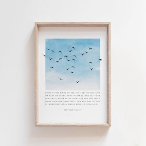 Printed Christian Poster, Look At The Birds, Matthew 6:26-27, Minimal Scripture Print, Watercolor Bible Verse Wall Art, Christian Gift