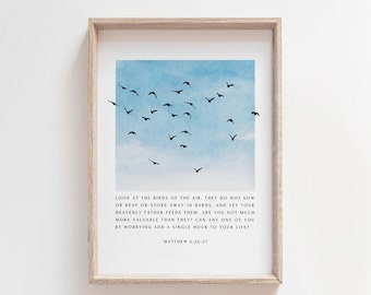 Printed Christian Poster, Look At The Birds, Matthew 6:26-27, Minimal Scripture Print, Watercolor Bible Verse Wall Art, Christian Gift