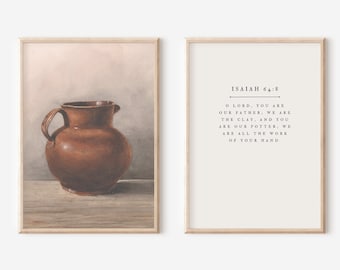 Christian Wall Art Set of 2, Isaiah 64:8, Bible Verse Print, Vintage Jar Sketch, He Is The Potter, Illustrated Scripture, Neutral Home Decor