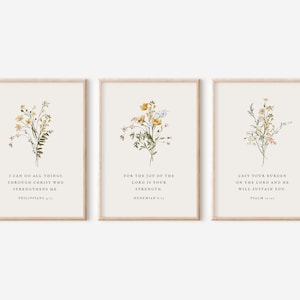 Christian Floral Set of 3, Bible Verse Wall Print, Botanical Scripture, Christian Wall Art,