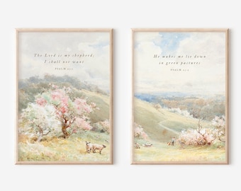 Christian Wall Art Set of 2, Psalm 23, Encouraging Bible Verse Print, The Lord is My Shepherd, Vintage Scripture Poster, Easter Home Decor
