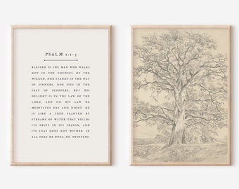 Christian Wall Art Set of 2, Psalm 1, Encouraging Bible Verse Print, Vintage Tree Sketch, Modern Scripture Poster, Minimal Faith Home Decor