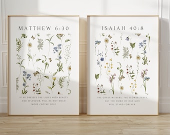 Christian Wall Art Set of 2, Floral Pattern, Isaiah 40, Matthew 6:30, Wildflower Bible Verse Print, Modern Scripture Nursery, Holiday Gift