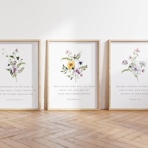 Christian Wall Art Set of 3, Floral Bible Verse Poster Bundle, Minimal Scripture Decor, Trust and Delight in the Lord, Colossians 3:17