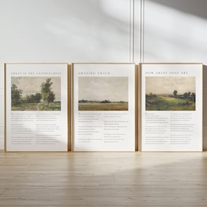 Set de 3 láminas de arte cristiano para pared: Himno «¡Cuán grande es Él!», «Sublime Gracia», cita de la letra de una canción de adoración, decoración vintage con versículos bíblicos, decoración religiosa para el hogar.