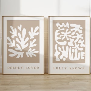 Christian Wall Art Set of 2, Deeply Loved Fully Known, Modern Scripture Print, Neutral Nursery Decor, Bible Verse Print, Jesus Poster